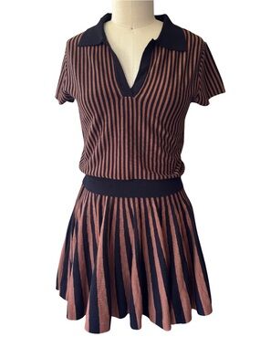 NWT AKIRA Black and Brown Rust Striped Polo Knit Large Top Medium Skirt Outfit